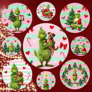 May include: A collection of circular Christmas-themed designs featuring the Grinch. The Grinch is depicted in various scenes, including holding gifts, with a dog, and near Christmas trees. The designs are set against a pink and green striped background with hearts and candy canes.