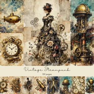以下が含まれることがあります： ヴィンテージスチームパンクのイラストのコラージュ。歯車で飾られたドレスを着た女性、金色の飛行船、時計、さまざまな機械装置が含まれています。「Vintage Steampunk」と「159ページ」の文字も表示されています。