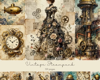 May include: A collage of vintage steampunk illustrations. The images include a woman in a gear-adorned dress, a golden airship, a clock, and various mechanical devices. The text "Vintage Steampunk" and "159 pages" are also present.