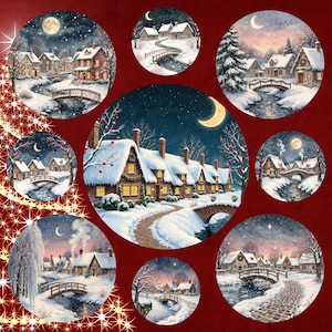 May include: A collection of circular watercolor illustrations depicting winter village scenes. Each scene features snow-covered houses, bridges over streams, and a night sky with a moon or stars. The overall color palette is cool, with blues, whites, and warm yellow lights.