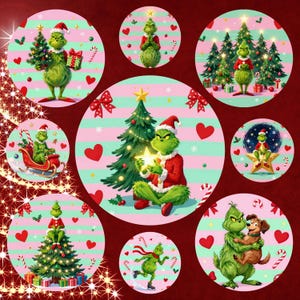 May include: A collection of circular Christmas-themed illustrations featuring a green character in a Santa hat. The designs include Christmas trees, gifts, hearts, and candy canes on a striped pink and green background, set against a red backdrop.