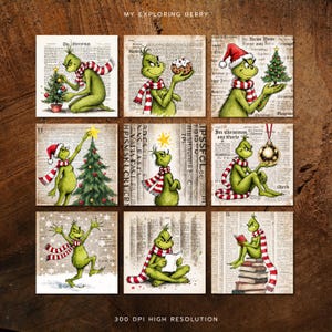 Puede incluir: Nueve impresiones cuadradas con el Grinch en varias escenas navideñas. El Grinch se representa en diferentes poses, con un gorro de Papá Noel y una bufanda a rayas rojas y blancas. El fondo es una impresión de periódico vintage. El texto incluye "MY EXPLORING BERRY" y "300 DPI HIGH RESOLUTION".