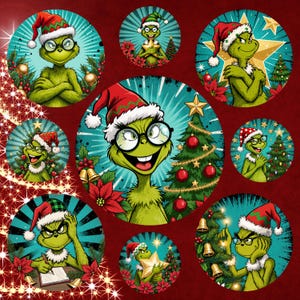 May include: A collection of circular Christmas-themed illustrations featuring a green character wearing a Santa hat and glasses. The character is depicted in various poses, surrounded by Christmas trees, stars, and poinsettias, set against a teal and red background.