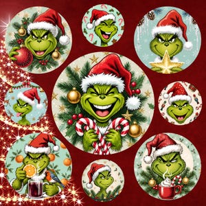 Puede incluir: Una colección de imágenes circulares con temática navideña que presentan al Grinch con un gorro de Papá Noel. El Grinch se representa en varias poses, algunas sosteniendo adornos, bastones de caramelo o una taza de chocolate caliente. El fondo es rojo festivo.