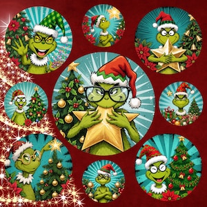 May include: A collection of circular Christmas-themed illustrations featuring a green character wearing a Santa hat and glasses. Each design includes a Christmas tree, star, and poinsettias on a red background.