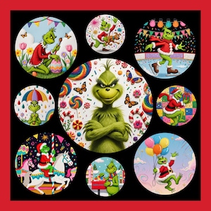 Puede incluir: Una colección de ilustraciones circulares que presentan un personaje verde en varias escenas. El personaje se representa con un traje rojo de Papá Noel, sosteniendo globos y patinando sobre hielo. Otras ilustraciones muestran al personaje con un paraguas y pintando un huevo de Pascua.