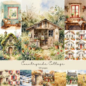 Skräpjournalsidor för landsbygdsstuga, digitalt akvarellblommigt papper, rustika bondgårdsbakgrunder, vintage trädgårds-ephemera, scrapbooking