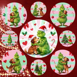 May include: A collection of circular Christmas-themed stickers featuring the Grinch and a dog. The stickers have a red, pink, and green color scheme with candy canes, hearts, and Christmas trees. The Grinch is wearing a Santa hat in some of the stickers.
