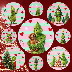 May include: A collection of circular Christmas-themed designs featuring the Grinch. The designs include the Grinch with a dog, holding a Christmas tree, and decorating cupcakes. The backgrounds have pink and green stripes, hearts, and candy canes.
