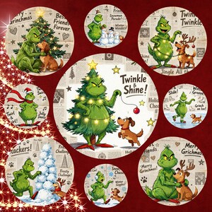 May include: A collection of circular Christmas ornaments featuring the Grinch and his dog, Max. The ornaments have various designs, including the Grinch with a Christmas tree, snowmen, and festive text like "Twinkle & Shine!" and "Merry Grinchmas!"