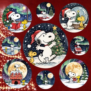 May include: A collection of circular illustrations featuring Snoopy and Woodstock in various Christmas scenes. Snoopy is wearing a Santa hat and interacting with Christmas trees, gifts, and the aurora borealis. The background is a deep red.