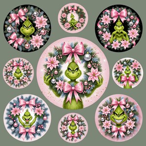 May include: A collection of circular Christmas-themed designs featuring the Grinch. Each design includes the Grinch surrounded by a wreath of pink poinsettias, bows, and ornaments. The Grinch's face is the focal point, with varying expressions.