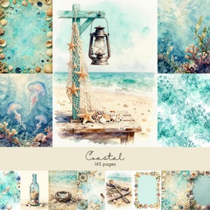 Può includere: Illustrazioni ad acquerello a tema costiero. L'immagine presenta una scena di spiaggia con una lanterna, stelle marine e conchiglie. Il testo "Coastal" e "145 pages" sono anch'essi visibili.