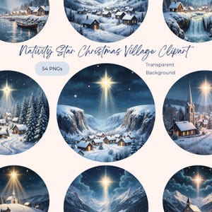 Krippe Stern Weihnachtsdorf Ornament PNG, Sternennacht Winterkirche Runder Aufkleber, Bethlehem Sternszene, Friedliche Kirche Clipart Bundle