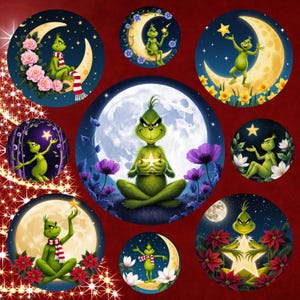 May include: A collection of circular illustrations featuring a green cartoon character in various poses. The character is often depicted with a star, moon, and floral elements, set against a red background. The illustrations have a whimsical and festive theme.