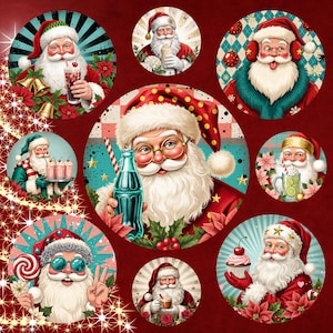 May include: A collection of circular illustrations featuring Santa Claus in various poses. Santa is depicted with a white beard and red suit, holding drinks, a lollipop, and a cupcake. The backgrounds are a mix of retro and vintage styles, with a red background.