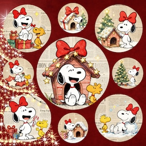 May include: A collection of circular Christmas-themed images featuring Snoopy and Woodstock. Snoopy is wearing a red bow and is shown with gifts, a doghouse, and a Christmas tree. The background is a newspaper print.
