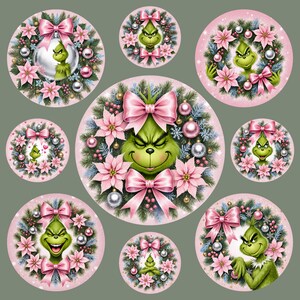 May include: A collection of circular Christmas ornaments featuring the Grinch. Each ornament has a pink background and a wreath of greenery, pink poinsettias, and silver ornaments. The Grinch is depicted in various poses, with pink bows.
