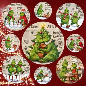 May include: A collection of circular Christmas-themed illustrations featuring the Grinch character. The images depict various scenes, including the Grinch with snowmen, a dog sled, and baking. The color palette includes green, red, and white.
