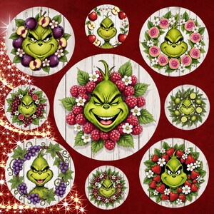 May include: A collection of circular designs featuring a green cartoon character with a mischievous grin, surrounded by various fruits and flowers. The designs include plums, apples, raspberries, strawberries, and grapes, set against a white wood-grain background.