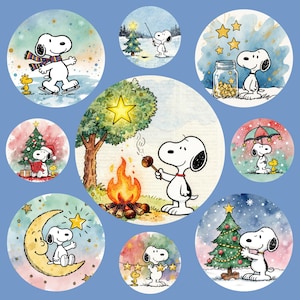 May include: A collection of circular stickers featuring Snoopy and Woodstock in various winter and holiday scenes. Snoopy is ice skating, roasting marshmallows, and decorating a Christmas tree. The stickers have a watercolor style with a blue background.