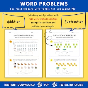 May include: A printable worksheet for first graders featuring word problems with addition and subtraction. The worksheet includes illustrations of animals, such as cows, goats, frogs, and ducks, to help students visualize the math problems. The problems involve adding and subtracting quantities of items, such as bottles of milk, rabbits, and ducks. The worksheet is designed to help students develop their problem-solving skills and learn basic math concepts.