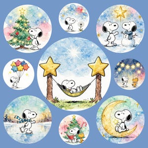 May include: A collection of circular watercolor illustrations featuring Snoopy in various holiday and seasonal scenes. Snoopy is depicted with a Christmas tree, ice skating, holding balloons, and relaxing in a hammock. The background is a light blue.