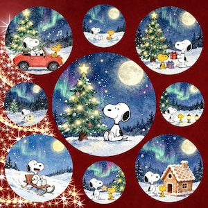 May include: A collection of circular illustrations featuring Snoopy and Woodstock celebrating Christmas. Scenes include Snoopy driving a red car, sledding, and admiring a decorated Christmas tree under a starry night sky with the Northern Lights.