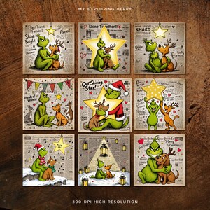 Puede incluir: Nueve impresiones artísticas cuadradas con el Grinch y un reno, con textos como "Best Friends Forever!" y "Shine Bright!". Las impresiones tienen un fondo de periódico vintage y temas navideños.