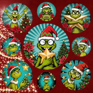 May include: A collection of circular Christmas-themed illustrations featuring a green cartoon character wearing a Santa hat and glasses. The character is holding a star, with Christmas trees and poinsettias. The background is a radial pattern.