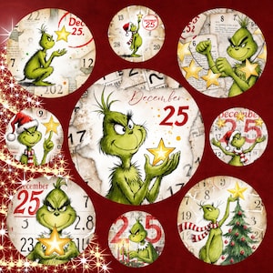 Könnte beinhalten: Eine Sammlung kreisförmiger Weihnachtsdesigns mit dem Grinch. Jedes Design enthält den Text "December 25" und einen Stern. Der Grinch wird in verschiedenen Posen dargestellt, einige tragen einen Weihnachtsmannhut, auf einem Kalenderhintergrund.