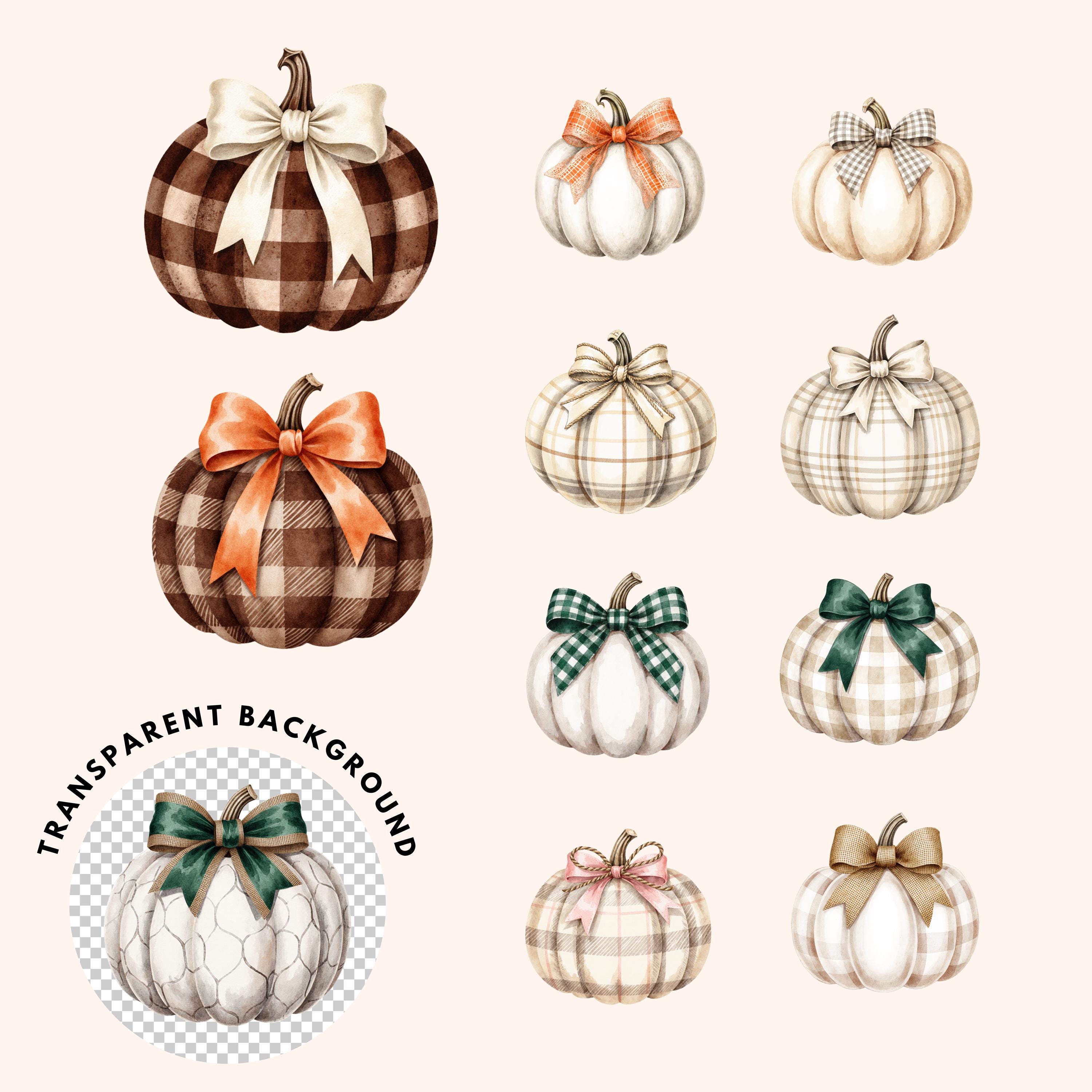 Watercolor Plaid Pumpkin PNG Bundle Gingham Bow Halloween Clipart Fall ...
