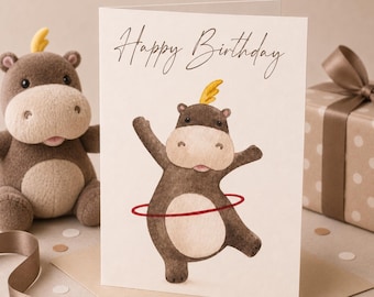 Hippo Birthday Card Printable | Cute Watercolor Hippopotamus Birthday Card | Animal Birthday Card 5x7 PDF Instant Download