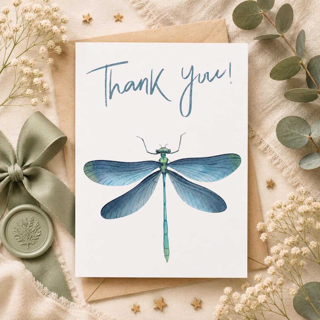 Dragonfly Thank You Card Printable | Blue Watercolor Nature Greeting ...