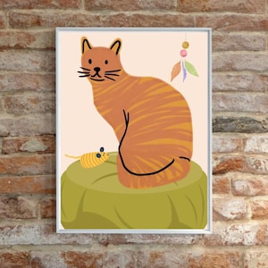 Orange Cat Art Print: Whimsical Cat and Mouse (Digital Download)