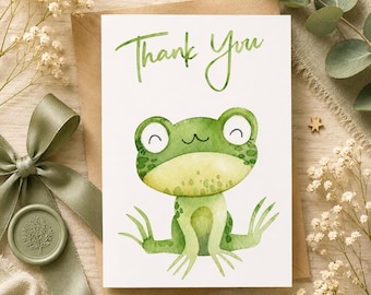 Cute Frog Thank You Card Printable | Whimsical Watercolor Animal Greeting Card | 5x7 Instant Download PDF