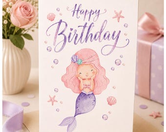 Purple Mermaid Birthday Card Printable | Cute Watercolor Mermaid Greeting Card | Ocean Birthday 5x7 PDF Download