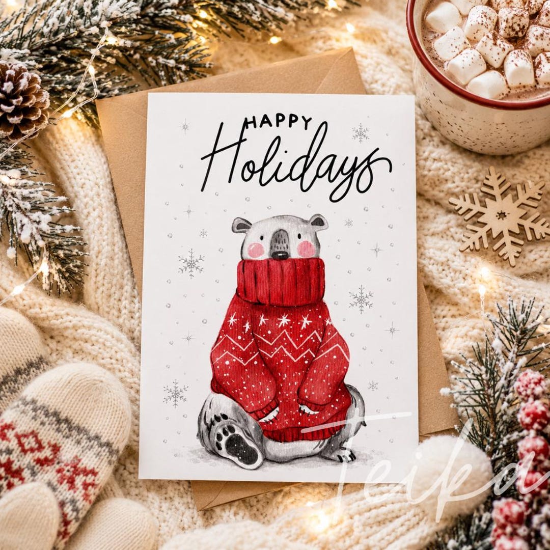 Cute Polar Bear Christmas Card Printable | Happy Holidays Winter Bear ...