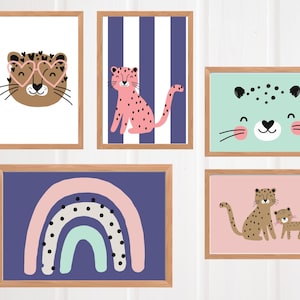 Kids Room Art Prints: Pink Cheetah, Rainbow Decor (Digital Download)