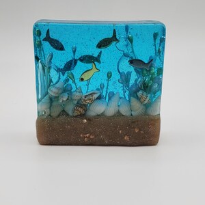 May include: A square resin paperweight with a miniature ocean scene. The blue resin contains small fish, seashells, and aquatic plants. The base is brown, resembling sand. The fish are black and yellow.