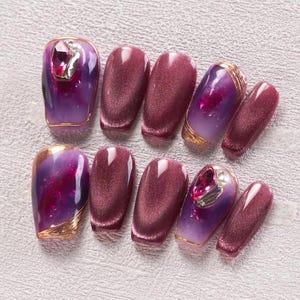 Luxurious Purple Cat Eye Gradient with Gem Accents Press-On Nails for Women, Acrylic Chic Nails, DIY False Nails, Fake Nail, Reusable Nails
