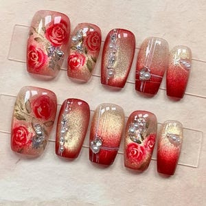 Romantic Rose Press On Nails for Women, Sweet Treat Lovers Fake Nail, Handmade Gifts for Her, Acrylic Nails, Chic False Nails, Reusable Nail
