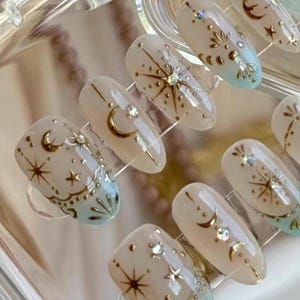 Celestial Dreams Star, Moon, and Sun Designs Press-On Nail Set for Mum, Handmade Acrylic Nails for Her,  Holiday Gift for Women, False Nails