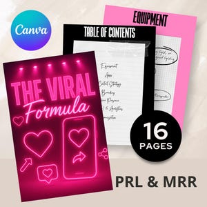 May include: A pink and black document titled "The Viral Formula" with a neon design. The image includes a "Canva" logo, a "Table of Contents" page, and a page labeled "Equipment." A black circle indicates "16 Pages."