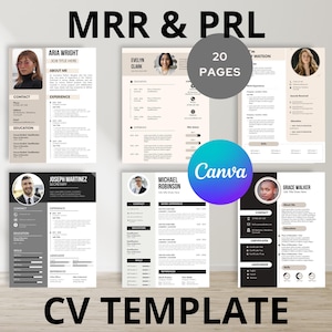 Può includere: Una collezione di sei modelli di curriculum vitae in bianco, nero e grigio, con foto, informazioni di contatto e sezioni di esperienza. La parola "Canva" e "20 pagine" sono visibili. Il testo "CV TEMPLATE" è in basso.