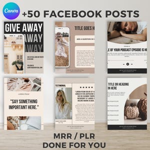 Könnte beinhalten: Eine Sammlung von über 50 Facebook-Post-Vorlagen. Die Designs verfügen über eine Vielzahl von Layouts mit Text, Bildern und Grafiken. Die Farbpalette umfasst Beige, Schwarz und Weiß. Der Text enthält Sätze wie "Give Away" und "Say Something Important Here."