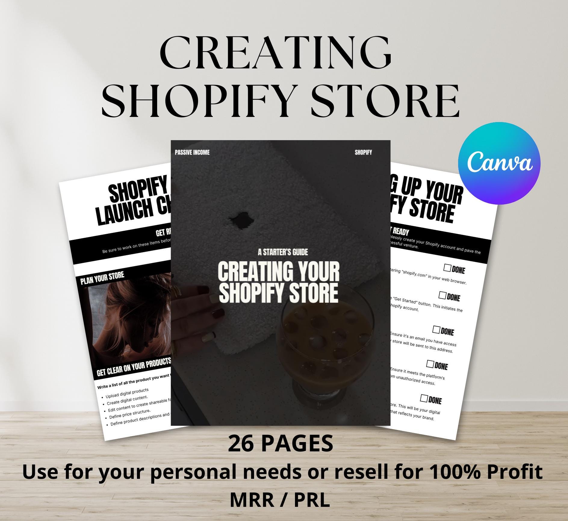 E-book Criando sua loja Shopify com direitos de revenda PRL/MRR, Guia de iniciação ao lançamento do Shopify, Produto digital editável no Canva