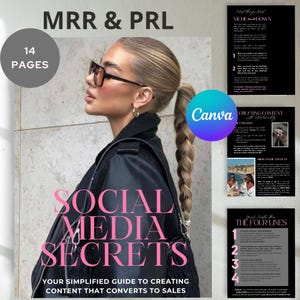 Könnte beinhalten: Eine Frau mit Brille und schwarzer Jacke ist auf dem Cover eines Buches mit dem Titel "Social Media Secrets" abgebildet. Das Buchcover hat rosa Text und den Slogan "Ihr vereinfachter Leitfaden zur Erstellung von Inhalten, die zu Verkäufen führen".