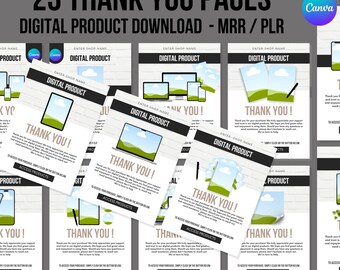 May include: A collection of 23 digital product thank you pages with a white wood background and green landscape. The pages feature a black and white design with the text "Thank You!" and "Digital Product".