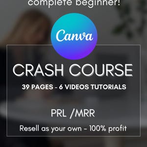 May include: A graphic with a blue and purple Canva logo and the text "CRASH COURSE" in white. Below the logo is the text "39 PAGES - 6 VIDEOS TUTORIALS" in white. Below that is the text "PRL/MRR" in white. Below that is the text "Resell as your own - 100% profit" in white. Below that is the text "FOR FREE & PRO ACCOUNTS" in white.